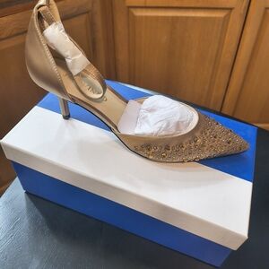 Justvindo Gold Pointed Toe Ankle Strap High Heel Shoes Wedding Party Studded 7.5